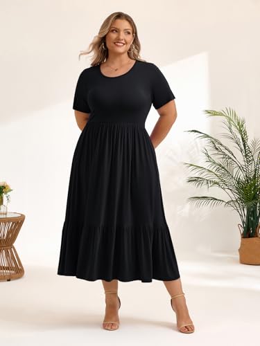 Image of LARACE Plus Size Dresses for Women Summer Casual Short Sleeve Long Dress Flowy Maxi Beach Dresses with Pockets L-6XL