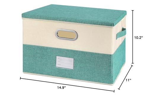 Image of Large Linen Fabric Foldable Storage Bins with Removable Lid and Handles, Washable Storage Box Organizer Containers Baskets Cube with Cover for Bedroom,Closet,Office (Turquoise&Cream, Large)