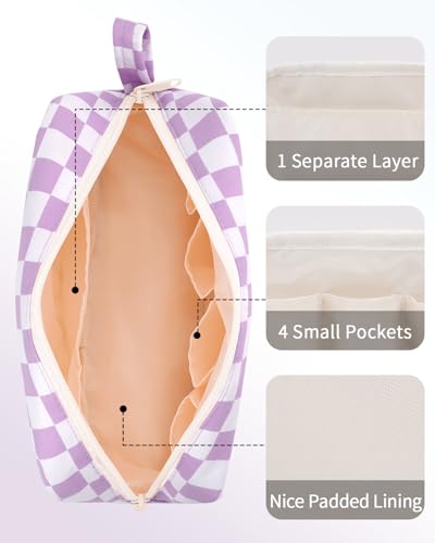 Image of Narwey Checkered Makeup Bag Travel Cosmetic Bag Organizer Small Toiletry Bag Make Up Bags with Organized Pockets for Women (Purple Checkerboard, Large)