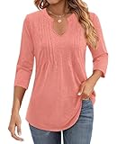 Uhiger Plus Size Blouses for Women Dressy Casual Spring Tunic Tops for Women Loose Fit Dressy 3/4 Sleeve Womens Blouse for Work Professional V Neck Business Clothes That Hide Belly Fat Coral 3XL