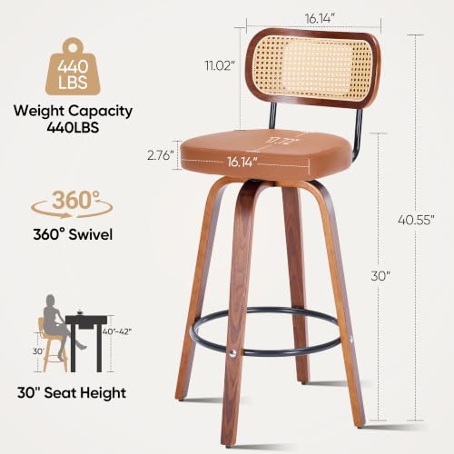 Image of KEEZY Natural Rattan Bar Stools Set of 2,Upholstered PU Leather, 30''Counter Height Barstools with Back and Wood Legs,360Swivel,Mid-Century Modern Bar Stool for Kitchen Island Dining Room and Bar