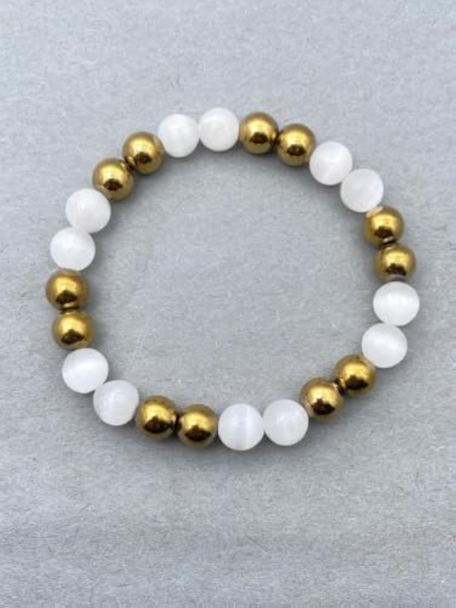 Unisex Natural Selenite & Pyrite Stretchable Bracelet, Healing