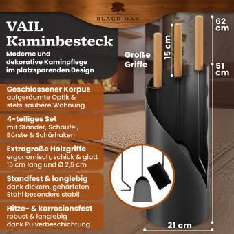 BLACK OAK Kaminbesteck Vail, 4-teilig, Metall Anthrazit mit Holzgriffen, 62 x 21 cm, Besen, Schaufel, Schürhaken und Ständer