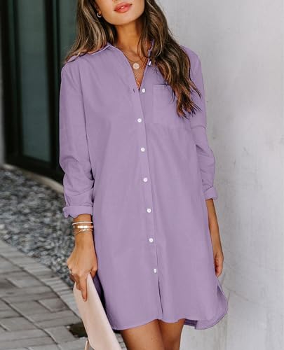 Image of Aoudery Womens Button Down Shirt Dresses with Pockets Cotton Button Up Tunics Long Sleeve Solid High Low Blouse Tops