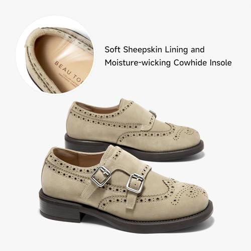Image of BEAU TODAY Womens Leather Loafers, Monk Platform Loafer Shoes | Cowhide, Brogue Wingtip, Slip-on, Chunky Heel, Comfortable, Non-slip Durable, Business Casual Office Dress Shoes