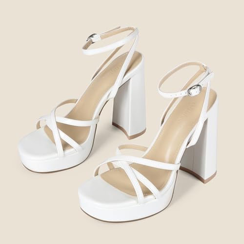 Image of Platform Heels for Women Strappy Chunky Heels Thick High Heel | Lace Up High Heel Sandals Square Open-Toe Tall Wide Block Sandal Wedding Party Evening Prom Dance Dress Shoes