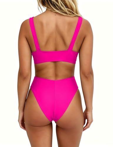Image of geluboao Bikini Set for Women Solid V Neck Knot Front Push Up High Leg Thong Two Piece Swimsuit