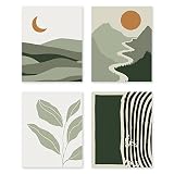 LIYAOLI Boho Green Wall Decor Sun Mountain Landscape Wall Art Danish Pastel room Decor Mid Century A