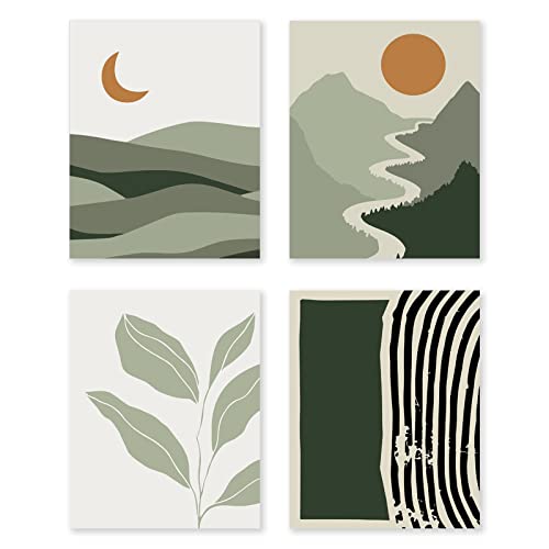 Liyaoli Boho Green Wall Decor Sun Mountain Landscape Wall Art Danish Pastel Room Decor Mid Century Abstract Unframed Art Print 11X14In Set Of 4 Nature Wall Art Prints For Living Room Bedroom Decor #TOP13