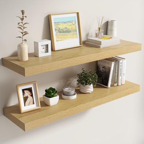 Image of Dreamland 40 Inch Floating Shelves for Wall,8 Inch Deep Floating Shelves,40 inch W x 8 inch D Wall Shelves for Bedroom,Living Room, Kitchen,Bathroom,Oak Color,Set of 2