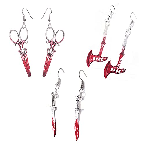 3Pairs Halloween Terror Bloody Earrings Punk Red Blood Scissor Plasma Axe Hatchet Vampire Dagger Dangle Earrings Gothic Cosplay Murderous Weapon Earrings for Women Girls Jewelry-3 Pairs