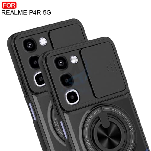 Image of AESTMO Realme P4R 5G Back Cover | Armor Camera Slider 360 Degree Rotating Finger Ring Holder Case with Bracket Stand Back Case Cover (Compatible with MagSafe Accessories) (Black)