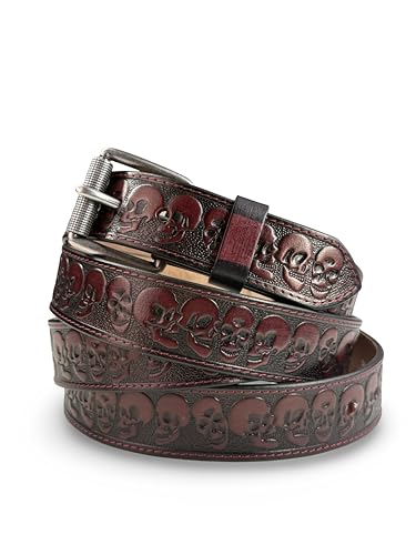 Scull Biker Leather Belt for Men Handmade Full Grain Cowboy Cowgirl Leather Belt 1.5” Wide Engraved Embossed Tooled