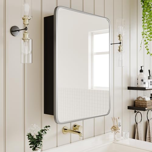 Image of Medicine Cabinet with Brushed Nickel Metal Frame Mirror, Overall 16.5 inchx24 inch