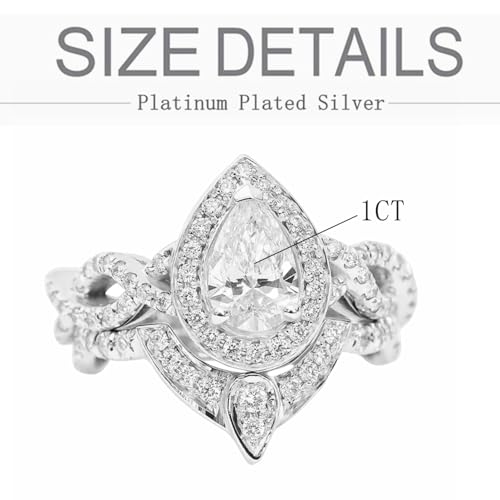 Vintage Wedding Ring Set for Women Platinum Plated Silver, 1CT Center Pear Shaped Moissanite Bridal Sets Wedding Rings Teardrop Engagement Ring Set4