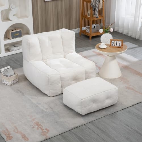 Rumiiro Bean Bag Chair with Ottoman for Adults Teens Kids, Lazy Comfy Velvet Bean Bag Couch with Memory Sponge Filler, Ultra Soft Fluffy Bean Bag Sofa Chair for Living Room Bedroom Apartment (White)
