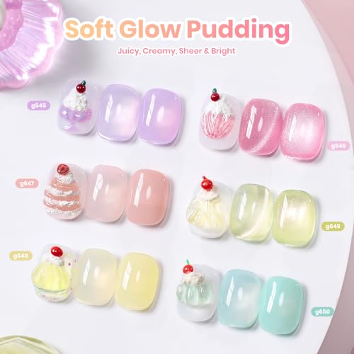Image of Beetles Jelly Gel Nail Polish Set, 6 Colors Pastel Pink Cat Eye Blue Purple Yellow Green Glitter Gel Polish Kit with Magnet Sticker Soak Off UV Gel Nail Art Salon DIY at Home Summer Gift for Women