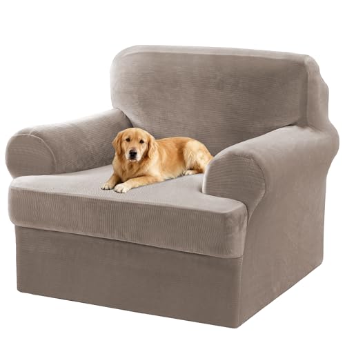 2 Pieces T Cushion Chair Covers with Arms Thick Velvet Couch Cover Stretch T Cushion Sofa Covers for Living Room Chair Cover with Individual T Cushion Covers , Washable (1 Cushion Chair, Tau