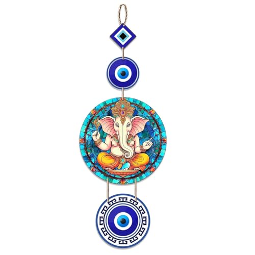 Image of Pack of 2 Owl Evil Eye Wall Hanging Decor, Colorful Wooden Nazar Protection Charm for Home, Entrance & Living Room, Vastu & Feng Shui Hanging (Multicolour) (Prosperity Ganesh)