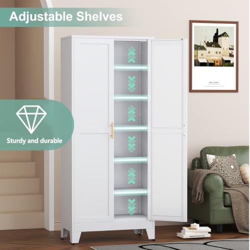 Image of Metal Pantry Cabinet with 2 Doors and 5 Adjustable Shelves, 75 inchKitchen Storage cabinets with Gold Handles, Versatile Storage for Laundry Room, Living Room, Bathroom, Dinning Room, Utility Room-White