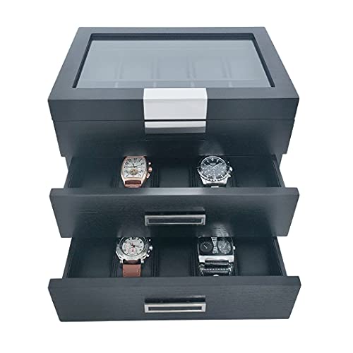Timelybuys 30 Black Ebony Wood Personalized Watch Extra Height Box Display Case 3 Level Storage Jewelry Organizer With Glass Top, Stainless Steel Accents, And 2 Drawers #TOP1