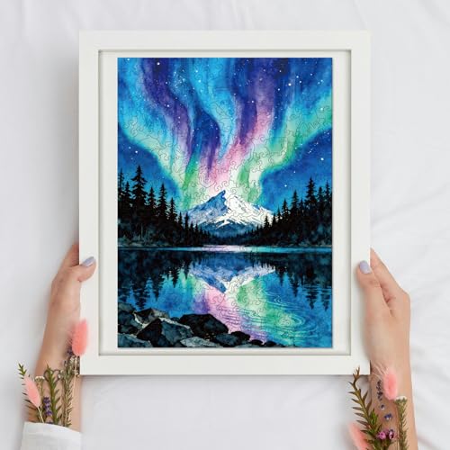 Puzzle de madera de 300 piezas para adultos con piezas de formas únicas en tema Aurora Pine Forest miniatura 6