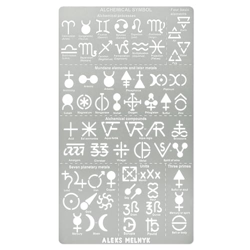 Aleks Melnyk No.398 Metal Stencil, Alchemical Symbols, Small Stencil, 1 PCS, Template for Wood Burning, Engraving, Crafting, Scrapbook