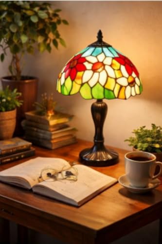 Image of Stained Glass Table Lamp, Multicolor Glass Shade, Bronze Base (Design - 14), Free Bulb- 3 Color Option- Warm White, Cool White and Natural