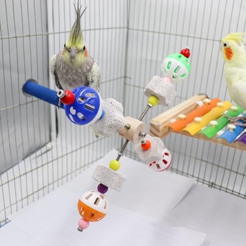 Image of Bird Perch Toy with Rotating Balls, Parrot Perch Stand with Calcium Stone Chew Toys, Bird Spinning Balls Toy, Bird Cage Accessory for Small Birds Parrots Parakeets Cockatiels Lovebirds Budgies, Black