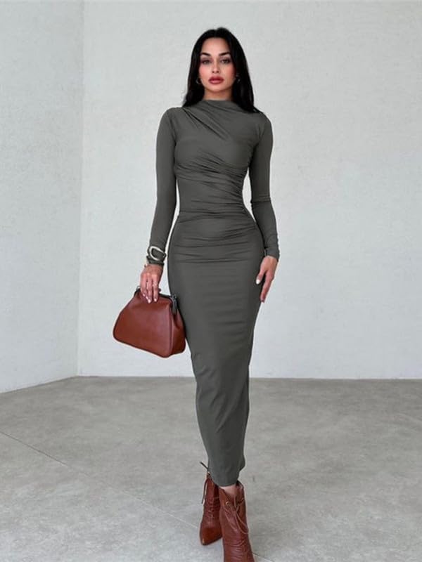 Haibang Robe Longue Moulante Sexy à Col Rond pour Femme Bodycon Maxi Slim Fit Élégante pour Soirée Cocktail Party Fête Club Disco Nuit Bal Casual
