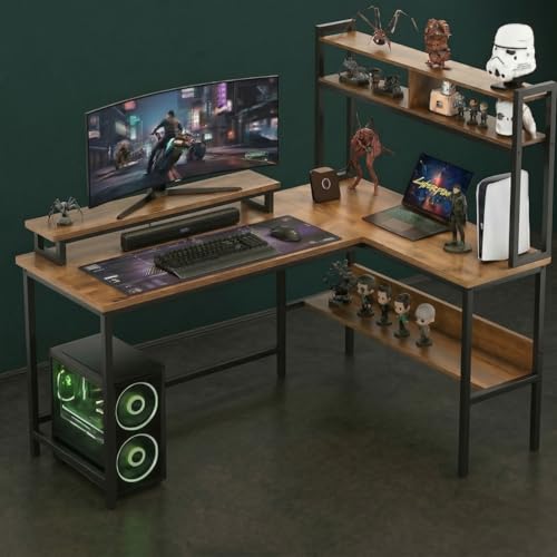 Image of TEKAVO Tonny L Shape Table for Home Office, Computer Table for Home Pc, L Shaped Office Table, Gaming Work Desk | with Book Shelf + Monitor Riser, Brown Wood, Metal (124 x 48 x 75 Cm) | DIY