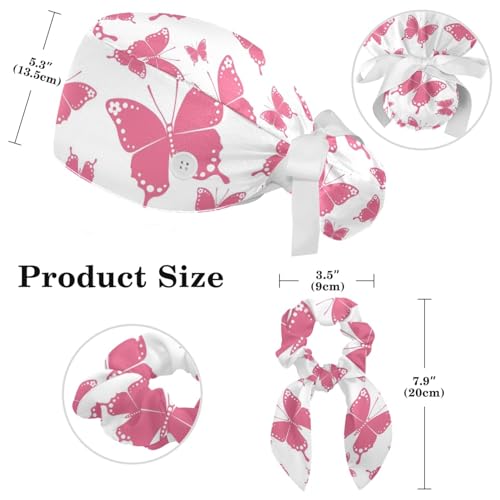 Image of Colored Butterflies Scrub Caps Women, Adjustable Working Cap with Button, Surgical Caps with Bow Hair Scrunchy