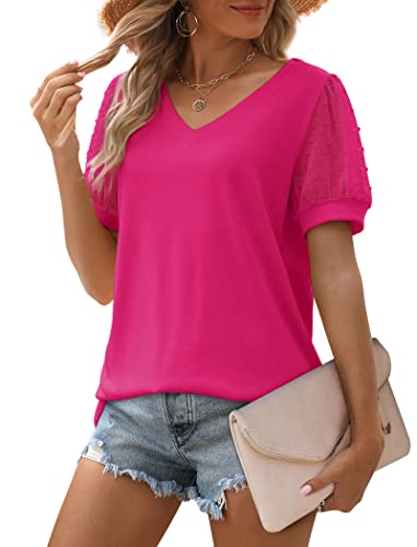 Image of Aokosor Womens Summer Tops V Neck T Shirts Swiss Dot Puff Sleeve Tops Loose Casual Tshirts