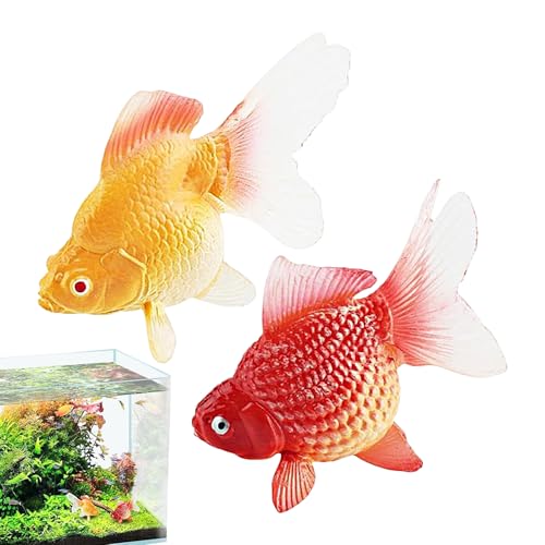 魚の置物 - 動く水族館魚の装飾のおもちゃ| フェイクゴールドフィッシュ, 2パックのフローティングオレンジ色の魚の装飾品、魚タンクのための装飾アクセサリー、家族、友人、家への素晴らしい贈り物を備えた2パック