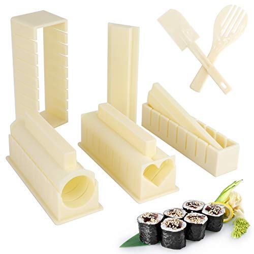 Sushi Making Kit for Beginners All-In-One Plastic Sushi Kit 10Pcs Come with 8 Sushi Rice Roll Mold Shapes, Rice Fork and Spatula DIY Home Sushi Maker Tools,Thanksgiving Day and Christmas (WHITE)