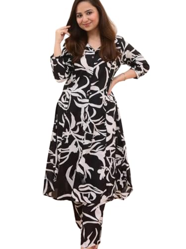 Image of DHRUVI TRENDZ Anarkali Kurta-Set for Women - Viscose Rayon Printed Kurta & Straight Pant | Festive Ethnic Indian Traditional Outfit for Functions & Puja | Lightweight Two Piece Dress for Daily Wear & Holiday Look | 3 /4 Sleeve