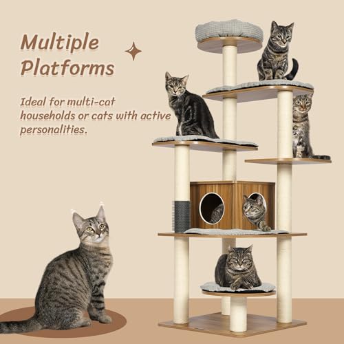 Image of KAMABOKO Solid Wood Cat Tree, 69 inch Large Tall Cat Tower Multi-Level Platforms with Sisal Scratching Posts, Cat Tree for Large Cats 20 lbs Heavy Duty, Cat Condo Furniture for Active Cats