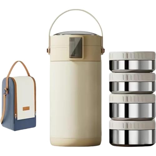 olkljdg 断熱弁当箱セット サーモス ステンレスランチジャー 24 時間保温 大容量 食器 3 点 収納バッグ付き ポータブルフードコンテナ オフィス 屋外レジャー用 (3L+保温バッグ,ベージュ)