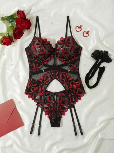 Image of Alrovetoney Sexy Lingerie Set 4pcs Teddy Bodysuit With Bra And Panties & Thigh Highs Corset Bodysuit XS-3XL