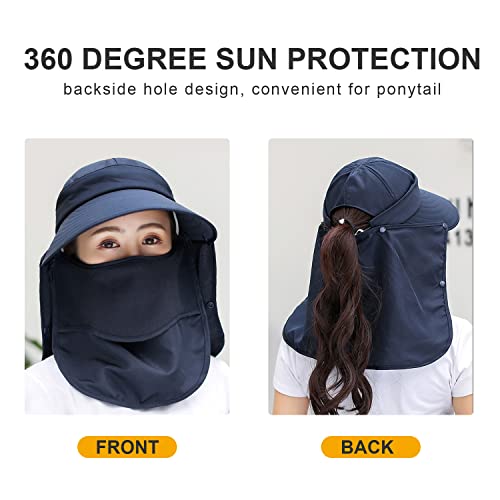 Image of Women Wide Brim Face Mask Sun Hat Detachable Neck Face Flap Ponytail UV Protection Visor Hat Garden Fishing Hiking