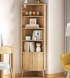 Limaoaio 5-Tier Corner Shelf, 66.73''Tall Modern Corner Bookshelf, 5 Shelf Bookcase with 2 Fluted Doors, Freestanding Wood Corner Display Storage Shelf Organizer for Living Room, Office (Wood Color)