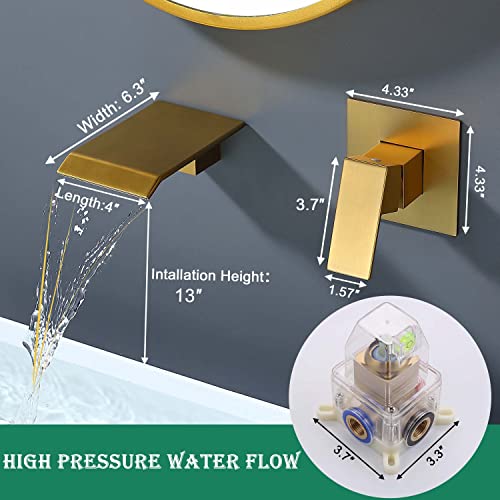 Wall Mount Waterfall Bathroom Sink Faucet, Gold Brass Wall Mounted Bathroom Faucet With Upgrade Bathroom Rough-In Valve Body And Wide Spout #TOP5