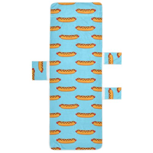 BOESI Doodle Hot Dog Sausage Beach Chair Towel, Outdoor Pool Chair Cover, with Pockets, Suitable for Outdoor Beach Garden Sunbathing, 85'' x 30''