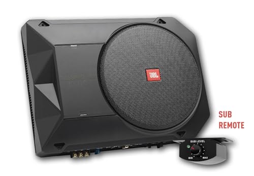 JBL BassPro SL2 Aktiv Subwoofer Auto Set - Car hifi Untersitz Bassbox Gehäuse mit Bassreflex Woofer box groß 200mm und 125 Watt aktiver Verstärker, Schwarz, 44