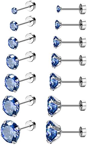 Kakonia 7Pairs 18G Stainless Steel Stud Earrings for Women Men Round Cubic Zirconia Barbell Stud Cartilage Helix Earrings Flat Back Stud Ear Piercing 2MM-8MM