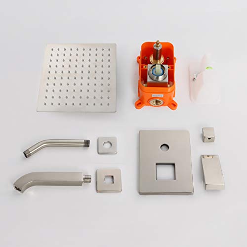 POP Shower Faucet Set with Tub Spout Brushed Nickel Bathroom Luxury Rain Mixer Shower System Wall Mounted Rainfall Shower Combo Set, Single Handle Tub and Shower Trim Kit with Rough-in Valve