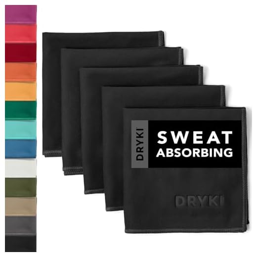 DRYKI Sweat Absorbing Handkerchiefs - Quick-Dry Microfiber Sweat Rags & Towels for Face, Hands, & Body - Perfect for Gym, Sports, and Work (Black: 5 Pack)