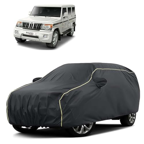 Image of Sulfar 100% Water Resistant Car Body Cover Compatible with Mirror for Mahindra Bolero (Triple Stitched, Full Bottom Elastic, Dark Grey Taffeta with Yellow Piping)