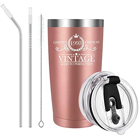 Livole 30th Birthday Gifts for Women, Her, Sister, Wife, Friends, Best Friend, Vintage 1993 Aged to Perfection, Stemless Wine Glass Tumbler with Lid and Straw, 20oz Double Walled Vacuum Coffee Cup Cover