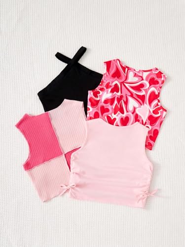 OYOANGLE Girl's 4 Pack Tank Tops Cute Heart Print Sleeveless Crop Top Ribbed Knit Summer Tops2